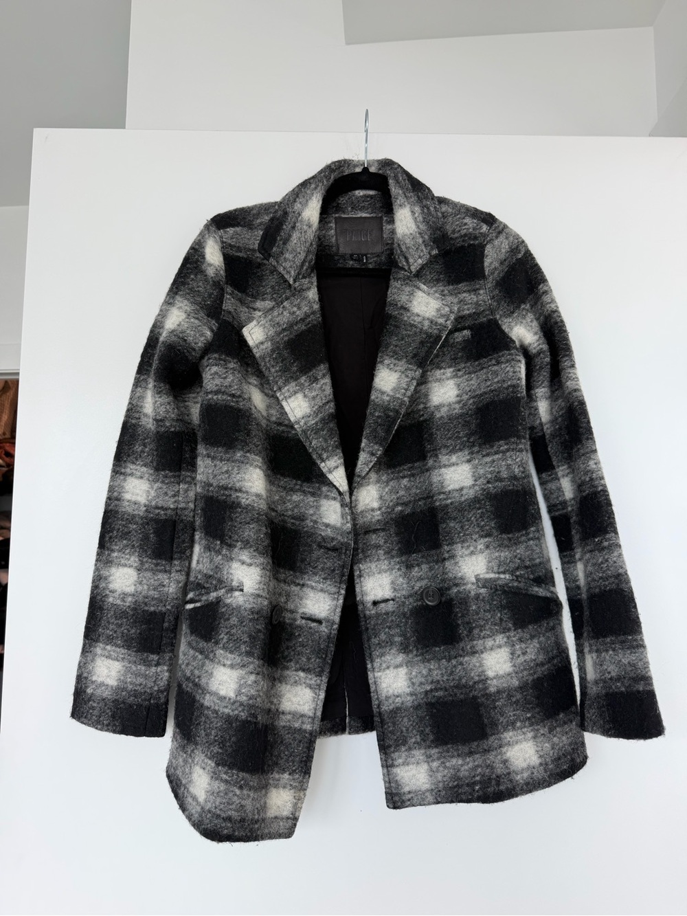 Paige Black and White Plaid Wool Blend Coat